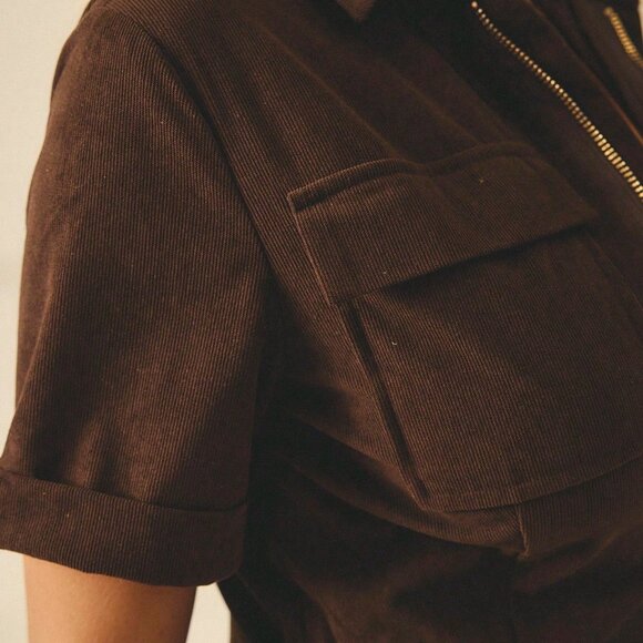 Brown Western Women's Casual Short Sleeve Corduroy Jumpsuit - Picture 6 of 10